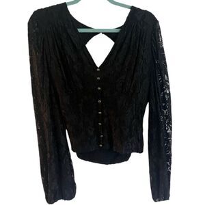 GUC Anthropologie Black Balloon Sleeve Lace Tie Blouse Goth Witchy Halloween L